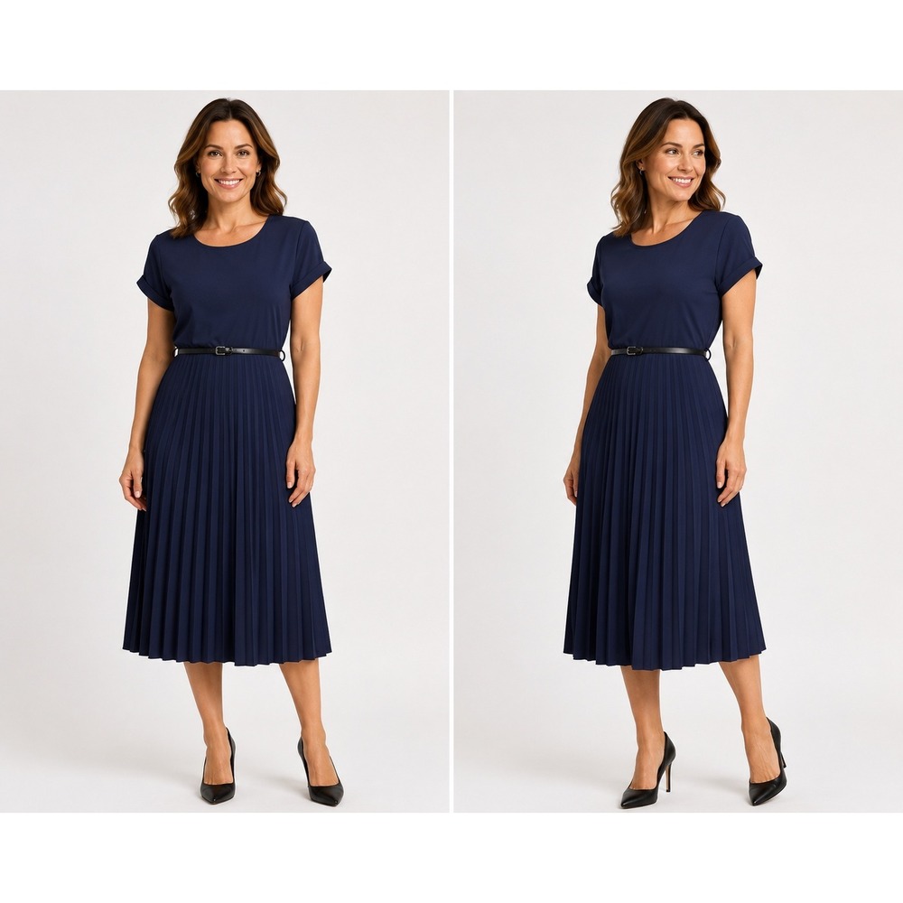 Elizabeth & Nicole Navy Blue Pleated Midi Dress with Belt Short Sleeve XL 10107